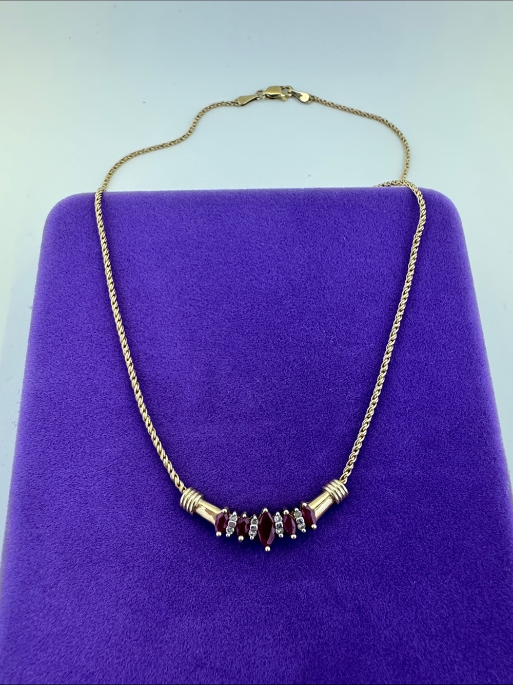 💛 Vintage 10k Gold Rope Diamond & Marquise Ruby Bar Necklace | Royal Glamour